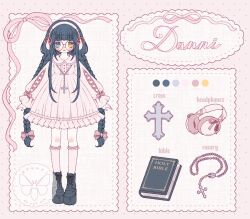  1girl a-pose ankle_boots arunyi bible_(object) black_boots black_hair blue_eyes blunt_bangs book boots bow braid center_frills color_guide commission commissioner_insert commissioner_name cross cross-laced_clothes cross-laced_sleeves cross_hair_ornament cross_necklace cross_patonce dress frilled_dress frilled_dress_collar frilled_sleeves frills full_body grid_background hair_bow hair_ornament headphones heterochromia highres jewelry kneehighs knees lace-up_boots latin_cross lipstick long_hair long_sidelocks long_sleeves looking_at_viewer makeup multiple_hair_bows necklace orange_eyes original outstretched_arm pink_background pink_bow pink_dress pink_lips pink_ribbon pink_socks platform_boots pleated_dress polka_dot polka_dot_background puffy_long_sleeves puffy_sleeves puritan_collar reference_sheet ribbon rosary round_eyewear short_dress short_eyebrows sidelocks sleeve_bow socks solo standing straight-on twin_braids very_long_hair very_long_sidelocks vgen_commission watermark 