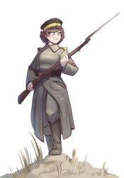  1girl bayonet black_boots blue_eyes blush bolt_action boots brown_coat brown_hair brown_pants chevron_(symbol) coat commentary confident english_commentary fluffkaiser fluffy_hair grin gun highres holding holding_gun holding_weapon imperial_russian_army knee_up looking_to_the_side looking_up military_uniform mosin-nagant original pants rifle russian_civil_war russian_empire russian_flag russian_text samurskiy_regiment short_hair shoulder_boards smile solo v-shaped_eyebrows weapon 
