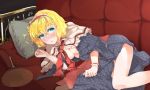  alice_margatroid blonde_hair blue_eyes blush breasts capelet cleavage couch cushion dress fan hairband highres large_breasts lying open_clothes open_shirt paper_fan shodoueki short_hair solo touhou uchiwa wrist_cuffs 