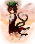  absurdres animal_ears bad_id brown_hair cat_ears cat_tail chen earrings hat highres hoyashi_rebirth jewelry jumping looking_back multiple_tails paw_pose red_eyes short_hair solo tail tanhatsu touhou 