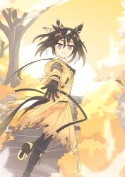  1girl absurdres animal_ears black_gloves black_hair black_pants brown_eyes brown_hair coat ear_covers gloves goggles goggles_around_neck hair_between_eyes highres horse_ears horse_girl horse_tail long_hair looking_at_viewer multicolored_hair open_mouth orange_sky outdoors pants reaching reaching_towards_viewer scalizo shirt sky smile solo stay_gold_(sunlit_outsider)_(umamusume) stay_gold_(umamusume) sunset tail torn_clothes torn_coat tree umamusume white_hair white_shirt wrist_belt yellow_coat 
