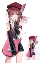  1girl arm_belt arm_warmers bare_shoulders black_arm_warmers black_shorts blush guitar hair_between_eyes hair_ornament hat highres hinamori_amu holding holding_guitar holding_instrument homoim175583 instrument korean_text looking_at_viewer necktie newsboy_cap pink_hair plaid_hat ponytail red_hat red_necktie reference_inset shirt shorts shugo_chara! simple_background sleeveless sleeveless_shirt solo suspender_shorts suspenders translation_request white_background x_hair_ornament yellow_eyes 