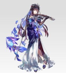  1girl alternate_costume black_gloves black_hair closed_mouth colored_inner_hair commentary dress elbow_gloves full_body gloves grape_(grapedraws) grey_background hair_ornament high_heels holding holding_instrument honkai:_star_rail honkai_(series) hysilens_(honkai:_star_rail) instrument long_hair multicolored_hair purple_dress purple_hair simple_background solo standing very_long_hair white_dress 