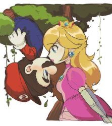  1boy 1girl arms_behind_back bbik_gam3 blonde_hair blue_eyes blue_overalls blush brooch brown_hair brown_shoes buttons commentary_request crown dress earrings elbow_gloves facial_hair gloves gold_crown gown hanging_from_tree hat imminent_kiss jewelry korean_commentary large_nose leg_up long_hair long_sleeves looking_at_another mario mustache newsboy_cap overalls pink_dress pink_lips plant pointed_crown princess_peach red_hat red_shirt shirt shoes short_hair simple_background smile sphere_earrings super_mario_bros. tree upside-down vines white_background white_gloves 