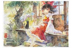 1girl absurdres ascot barefoot black_cat bow brown_eyes brown_hair cat chinnpi closed_mouth detached_sleeves frilled_bow frilled_hair_tubes frilled_skirt frills hair_bow hair_tubes hakurei_reimu highres long_hair looking_at_viewer non-web_source outdoors red_bow red_skirt ribbon-trimmed_sleeves ribbon_trim sitting skirt skirt_set smile solo stitched stone_lantern third-party_edit touhou traditional_media tree yellow_ascot 