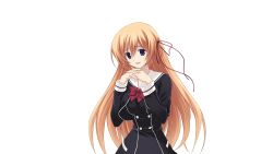  1girl black_dress bow breasts chaos;child chest_bow collarbone cropped_jacket dress frown hair_ribbon hekiho_academy_school_uniform highres kurusu_nono large_variant_set long_sleeves looking_at_viewer matsuo_yukihiro medium_breasts open_mouth orange_hair own_hands_clasped own_hands_together red_bow red_ribbon ribbon sad_smile sailor_collar school_uniform science_adventure short_dress simple_background tachi-e variant_set white_sailor_collar worried 