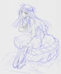  bare_shoulders boots breasts cleavage cross-laced_footwear dress food fruit hat hinanawi_tenshi kasuga_yukihito knee_boots lace-up_boots long_hair monochrome peach sitting sketch solo touhou traditional_media 