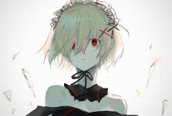  1girl arcaea bare_shoulders black_collar black_dress blonde_hair collar commentary detached_collar dress frilled_collar frilled_hairband frills glass_shards hair_between_eyes hair_ornament hairband hhhhwee3 highres off-shoulder_dress off_shoulder red_eyes short_hair simple_background solo vita_(arcaea) white_background white_hairband x_hair_ornament 