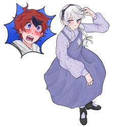  1boy 1girl ahoge black_hair black_hairband black_shoes black_streaks blue_eyes blush braid flower grey_hair grey_jacket hair_flower hair_ornament hair_ribbon hairband highres hood hoodie jacket jacket_over_hoodie kirifuji_nozomi long_hair megamazing77 multicolored_hair overall_skirt purple_shirt purple_skirt purple_socks red_hair ribbon shirt shoes short_hair skirt smile socks streaked_hair sumino_takumi the_hundred_line_-last_defense_academy- two-tone_hair violet_eyes white_background white_hair white_hoodie white_ribbon 