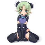  :3 aqua_eyes breasts busou_shinki dd_(artist) doll_joints green_hair maryceles pointy_ears simple_background sitting solo v_arms wariza white_background 