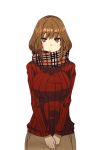  bangs blush breasts brown_eyes brown_hair cowboy_shot hands_together highres kotonoko large_breasts looking_at_viewer original plaid plaid_scarf ribbed_sweater scarf simple_background solo sweater white_background 