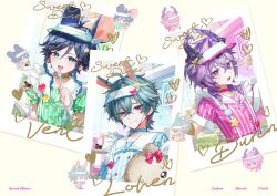  3boys absurdres animal_ears aqua_eyes aqua_hair black_hair blue_shirt chibi closed_mouth commentary dragon_horns durin_(genshin_impact) english_commentary genshin_impact gradient_hair green_shirt hat highres holding holding_spoon horns kkopoli lohen_(genshin_impact) male_focus mouse_ears multicolored_eyes multicolored_hair multiple_boys open_mouth photo_(object) pink_shirt purple_hair rabbit_ears shirt short_hair spoon striped_clothes striped_shirt stuffed_animal stuffed_toy teddy_bear v v_over_eye venti_(genshin_impact) violet_eyes visor_cap white_hat white_sleeves 