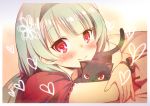  blush bust cat green_hair hairband heart long_hair looking_at_viewer original red_eyes ribbon smile solo zpolice 