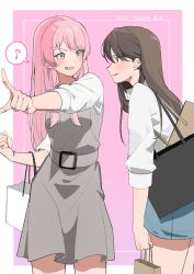  2girls absurdres bag bang_dream! bang_dream!_it's_mygo!!!!! blue_skirt border brown_hair chihaya_anon commentary_request fang highres long_hair multiple_girls musical_note nanami_(nunnun_0410) open_mouth outside_border pink_hair pointing shiina_taki shirt shopping_bag skirt spoken_musical_note white_border white_shirt 