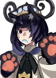  1girl a00_0527 animal_ear_fluff animal_ears animal_hands black_dress bob_cut cat_ears cat_girl coat commentary_request dress facial_mark fish fish_in_mouth gloves gwynn_(pokemon) hat highres long_sleeves looking_at_viewer open_clothes open_coat paw_gloves pokemon pokemon_legends:_z-a purple_hair short_hair solo upper_body violet_eyes whisker_markings white_background white_coat 