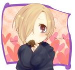  bags_under_eyes blonde_hair brown_eyes candy child chocolate earrings eating face food hair_over_one_eye heart hoodie idolmaster idolmaster_cinderella_girls jewelry oversized_clothes shirasaka_koume short_hair simple_background sleeves_past_wrists solo tmk_(tmk92) young 