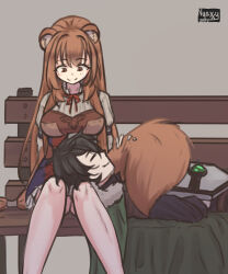  1boy 1girl alternate_eye_color animal_ear_fluff animal_ears arm_shield armor artist_name black_dress black_hair black_shirt breasts brown_armor brown_eyes brown_hair brown_jacket cloak closed_eyes closed_mouth collared_dress couple cowboy_shot dated dress facing_ahead fur-trimmed_collar fur_trim green_cloak grey_background hair_tubes hetero high_collar highres holding holding_shield iwatani_naofumi jacket lap_pillow layered_dress leather_armor legendary_shield_(small_shield)_(tate_no_yuusha_no_nariagari) legendary_shield_(tate_no_yuusha_no_nariagari) long_hair long_sleeves looking_at_another looking_down lying medium_breasts messy_hair neck_ribbon nyaxxy on_back on_bench raccoon_ears raccoon_girl raccoon_tail raphtalia red_dress red_ribbon ribbon shield shirt short_dress short_hair short_sleeves signature simple_background sitting sketch sleeveless sleeveless_dress smile split_mouth straight_hair tail tate_no_yuusha_no_nariagari two-tone_dress watermark white_dress 