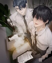  2boys black_hair black_necktie black_pants black_shoes blue_hair burning chamuring closed_mouth commentary_request dress_shirt dress_shoes fangs from_above hair_between_eyes han_maru highres indoors korean_commentary male_focus multiple_boys necktie official_art pants printer seon-woo_eden shirt shirt_tucked_in shoes short_hair special_civil_servant standing suit_pants sweat white_shirt 