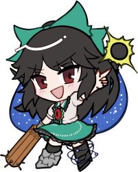  1girl :d arm_cannon black_hair black_shoes black_socks blush bow chest_eye chibi chibi_only collared_shirt frilled_skirt frills full_body green_bow green_skirt hair_bow kneehighs long_hair looking_at_viewer mirei_(miirei) open_mouth outstretched_arm pointing red_eyes reiuji_utsuho shirt shoes short_sleeves simple_background skirt smile socks solo standing sun touhou transparent_background v-shaped_eyebrows weapon white_shirt 