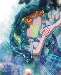  1boy 1girl blue_hair blue_skirt blurry blurry_background blurry_foreground collared_shirt commentary_request couple depth_of_field diagonal-striped_clothes diagonal-striped_necktie earrings eye_contact face-to-face flower from_side green_eyes grin hair_between_eyes hair_ornament hand_on_another's_back hetero highres holding_hands hydrangea jacket_over_head jewelry kamiyama_high_school_uniform_(project_sekai) long_hair looking_at_another necktie orange_eyes orange_hair outdoors plaid_clothes plaid_skirt pleated_skirt ponytail profile project_sekai purple_flower rain school_uniform shinonome_akito shiraishi_an shirt short_hair short_sleeves sidelocks skirt smile star_(symbol) star_hair_ornament striped_clothes striped_necktie water_drop white_shirt wl7_vmp 