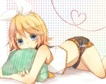  blonde_hair blue_eyes hair_ornament hair_ribbon hairclip heart heart_of_string kagamine_rin looking_at_viewer lying on_side pillow pillow_hug ribbon short_hair shorts smile solo utaori vocaloid 