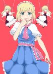  alice_margatroid aqua_eyes blonde_hair capelet doll dress hairband hand_to_mouth jewelry oumi_(rsag) puppet_strings red_background ring sash shanghai_doll solo tongue touhou 