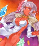  arcana_heart arcana_heart_2 bottomless breasts cape cleavage dark_skin female large_breasts long_hair marker_(medium) navel parace_l&#039;sia parace_l'sia pointy_ears red_eyes red_skin shikishi silver_hair smile solo torimaru traditional_media white_hair 