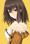  black_hair breasts bust cleavage coat devildogs face fur_collar fur_trim looking_at_viewer original short_hair simple_background solo yellow_eyes 