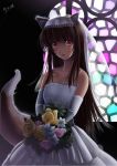  animal_ears bare_shoulders brown_hair dress highres holo long_hair minazuki_ryou red_eyes spice_and_wolf tail wedding_dress wolf_ears wolf_tail 