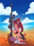  1girl absurdres bikini_top black_gloves boots breasts cleavage cloudy_sky desert fingerless_gloves flame_print gloves gun hair_ornament highres knee_boots long_hair midriff navel pink_legwear ponytail red_hair redhead rifle rtil scarf scope short_shorts shorts single_elbow_glove single_glove skull_hair_ornament smile sniper_rifle solo tengen_toppa_gurren_lagann thigh-highs thighhighs under_boob underboob weapon yellow_eyes yoko_littner 