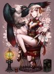  bird breasts cleavage flower gauntlets gia hair_ornament highres japanese_clothes knife lantern legs original red_eyes short_hair sitting stool weapon white_hair 