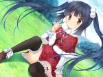  1girl :o blush boots bow female footwear game_cg grass kazama_minto long_hair plaid plaid_dress sakura_no_reply sitting sitting_on_floor sky solo tagme thighhighs trees twintails 