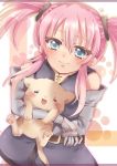  absurdres belt blue_eyes blush cat elbow_gloves gloves highres hug niikura_kaori payot pink_hair presea_combatir short_hair smile solo tales_of_(series) tales_of_symphonia twintails 