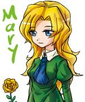  bad_id blonde_hair blue_eyes character_name dress flower highres ib long_hair mary_(ib) necktie rose smile solo tabix0819 yellow_rose 