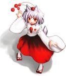  animal_ears clses fang foreshortening from_above full_body geta hat inubashiri_momiji leaf long_sleeves looking_at_viewer maple_leaf open_hands open_mouth outstretched_arms pom_pom_(clothes) red_eyes shadow short_hair skirt smile solo tabi tail tokin_hat touhou white_background white_hair wide_sleeves wolf_ears wolf_tail 