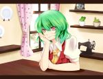  animal_ears ascot brown_dress cactus curtains dress green_hair highres karuna_(madlax) kasodani_kyouko kazami_yuuka letterboxed looking_at_viewer photo_(object) pink_eyes plant plate potted_plant sewing_machine shelf shirt short_hair sitting smile solo table touhou vest window youkai 