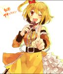 bad_id blonde_hair bow hair_bow kisaragi_attention_(vocaloid) kisaragi_momo looking_at_viewer microphone open_mouth pointing pointing_at_viewer red_eyes short_hair side_ponytail singing vocaloid wink xxxxxymdy 