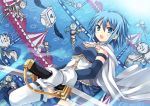  1girl armband blue_eyes blue_hair cape daniyyel+jennifer gloves h.n.elly_(kirsten) halo looking_at_viewer magical_girl mahou_shoujo_madoka_magica miki_sayaka open_mouth short_hair solo sue_keruna sword thigh-highs thighhighs weapon wings witch&#039;s_labyrinth witch's_labyrinth 