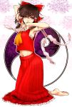  alternate_eye_color areno arm_behind_head armpits arms_up ascot barefoot between_fingers black_hair bow floral_background flower gohei gradient gradient_background hair_bow hair_tubes hakurei_reimu head_tilt kneeling light_smile lips looking_at_viewer midriff navel nose ofuda red_eyes sarashi short_hair skirt sleeveless solo touhou vest yin_yang 