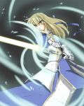  armor armored_dress bad_id blonde_hair excalibur fate/stay_night fate_(series) gauntlets glowing glowing_sword glowing_weapon green_eyes hair_down ribbon saber sinner solo sword weapon wind 