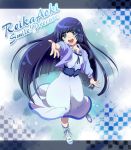  :d aoki_reika blue blue_background blue_eyes blue_hair casual character_name dress long_hair open_mouth outstretched_hand precure shoes smile smile_precure! solo title_drop yan'yo_(yan'yan'yo) yanyo 