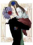  1girl 352623 blue_rose brown_hair closed_eyes eve_(ib) eyes_closed flower garry_(ib) gary_(ib) hair_flower hair_ornament hug ib ib_(ib) jacket long_hair purple_hair red_rose rose short_hair skirt smile 