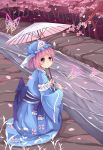  arm_up bad_id blue_dress blush butterfly cherry_blossoms dress floral_print forest hat highres nature oriental_umbrella petals pink_hair purple_eyes river saigyouji_yuyuko sakuraba_hikaru_(artist) sash short_hair sitting smile solo touhou tree triangular_headpiece umbrella veil violet_eyes 