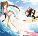  1girl 2boys beach blush breasts brown_hair cheering cloudy_sky double_bun female_protagonist_(pokemon_bw2) heart hue_(pokemon) kyouhei_(pokemon) male_protagonist_(pokemon_bw2) mei_(pokemon) mushisotisis pokemon pokemon_(game) pokemon_bw2 rival_(pokemon_bw2) surfboard surfing swimsuit thumbs_up twintails visor_cap 