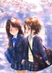  :d ^_^ bag blazer blush brown_eyes brown_hair cherry_blossoms closed_eyes eyes_closed goto_p long_hair multiple_girls open_mouth original school_bag school_uniform smile 