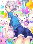  &gt;_&lt; :&lt; blush braid crane_game holding ilog kajiura_minori mana_kakkowarai official_art original purple_eyes resized silver_hair skirt solo star stuffed_animal stuffed_bunny stuffed_toy twin_braids violet_eyes watermark web_address 