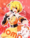  belt blonde_hair chain chains collar detached_sleeves dress frills kisaragi_attention_(vocaloid) kisaragi_momo looking_at_viewer microphone open_mouth pinting_at_viewer pointing pointing_at_viewer red_eyes short_hair side_ponytail singing solo vocaloid wink yamarisu_(ymrs) 