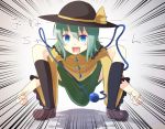  blue_eyes blush drooling green_hair hat hat_ribbon ibuki_notsu komeiji_koishi notsugimi ribbon shirt short_hair skirt solo squatting third_eye touhou 