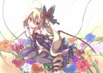  babydoll bare_shoulders black_legwear blonde_hair cicin drill_hair flandre_scarlet flower food fruit long_hair red_eyes rose side_ponytail sitting smile solo strawberry thigh-highs thighhighs touhou very_long_hair wariza wings 