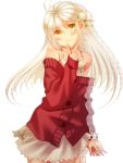  bare_shoulders blush dress finger_to_mouth flower hair_flower hair_ornament ktsis long_hair original silver_hair sleeves_past_wrists smile solo sweater yellow_eyes 